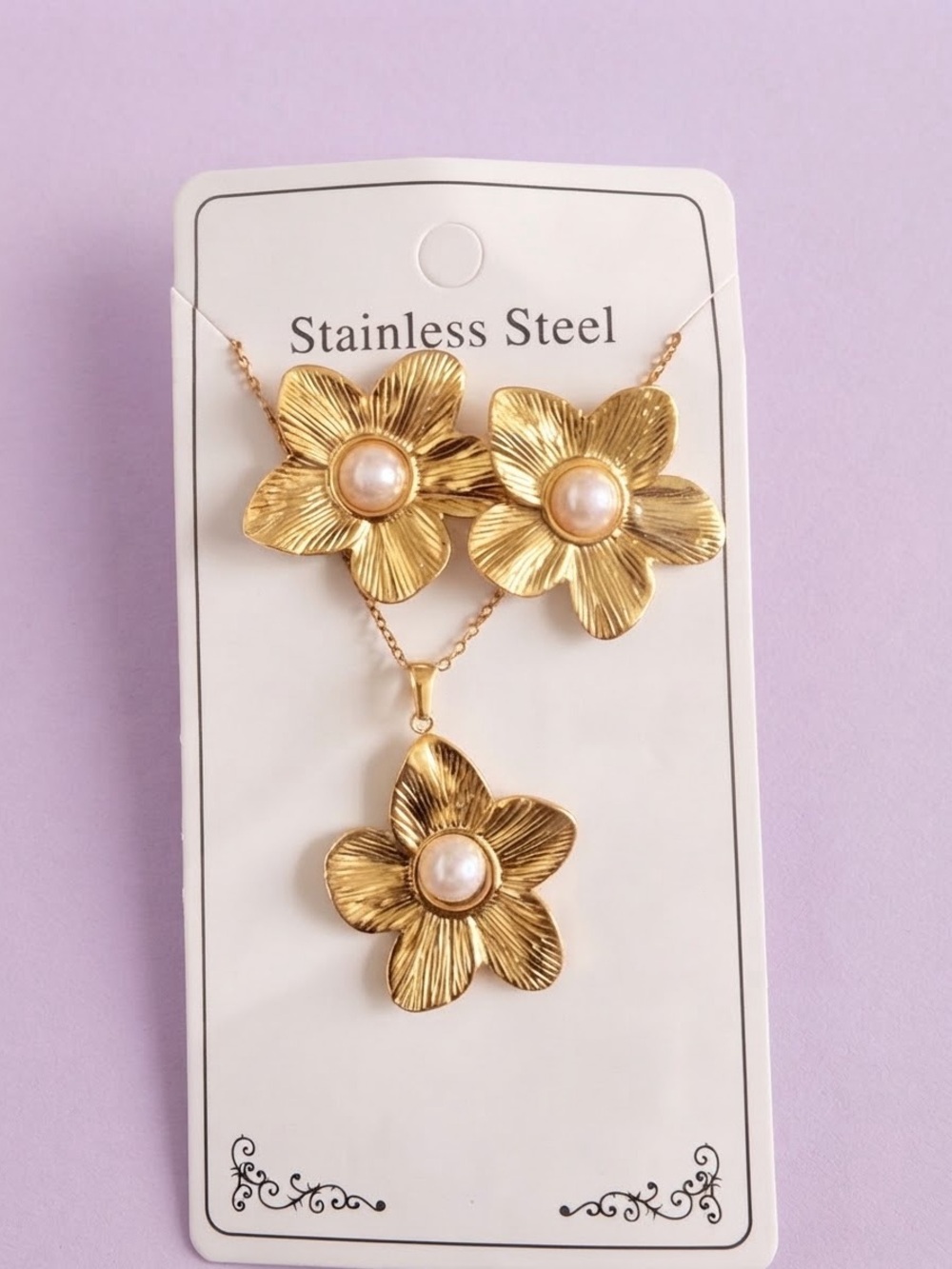 Stainless Steel Gold Flower Pendant Necklace and Earring Women Set.